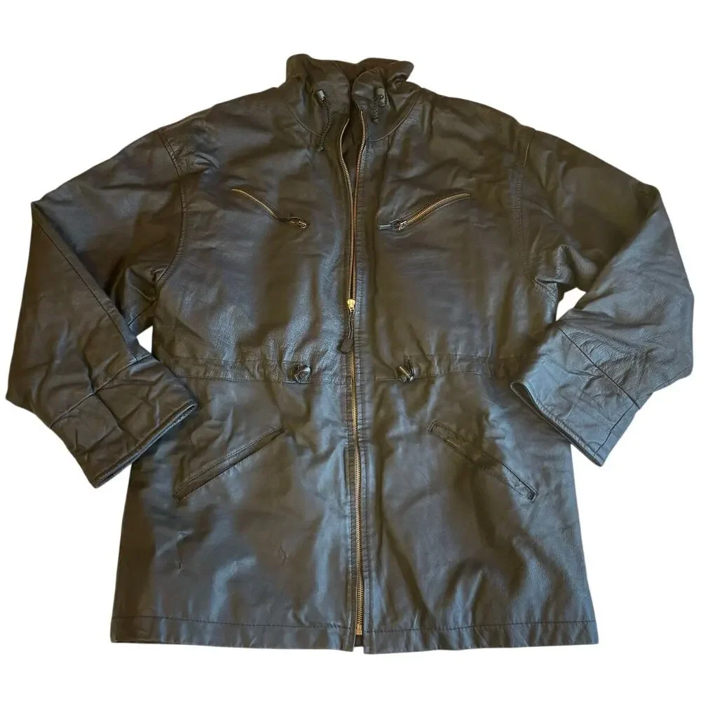VTG Genuine Leather Jacket Zip Closure Draw String Waist & Collar Cozy Boho Lg